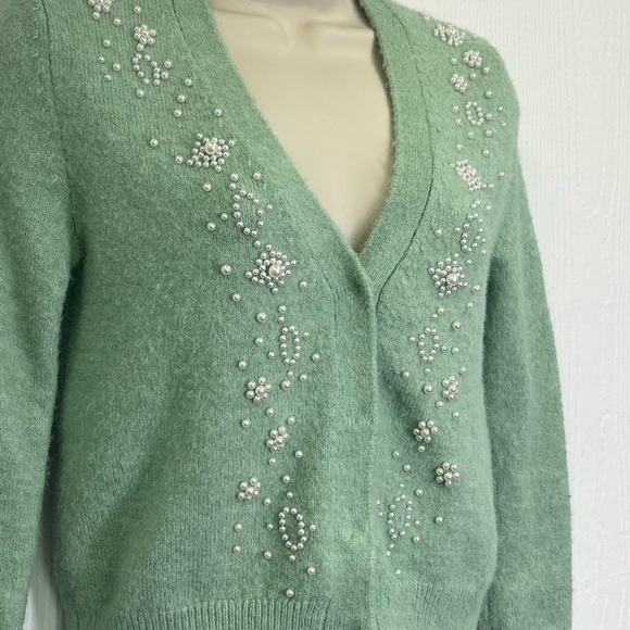 Zara - White Pearl Embellishment Mint Green Button Down Cardigan Size Small - Picture 5 of 10